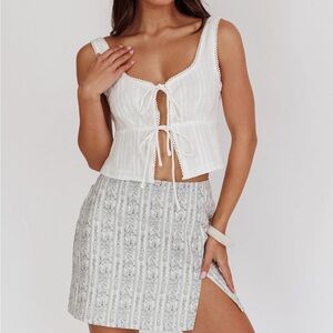 White Tie-Front Top and Patterned Skirt Set